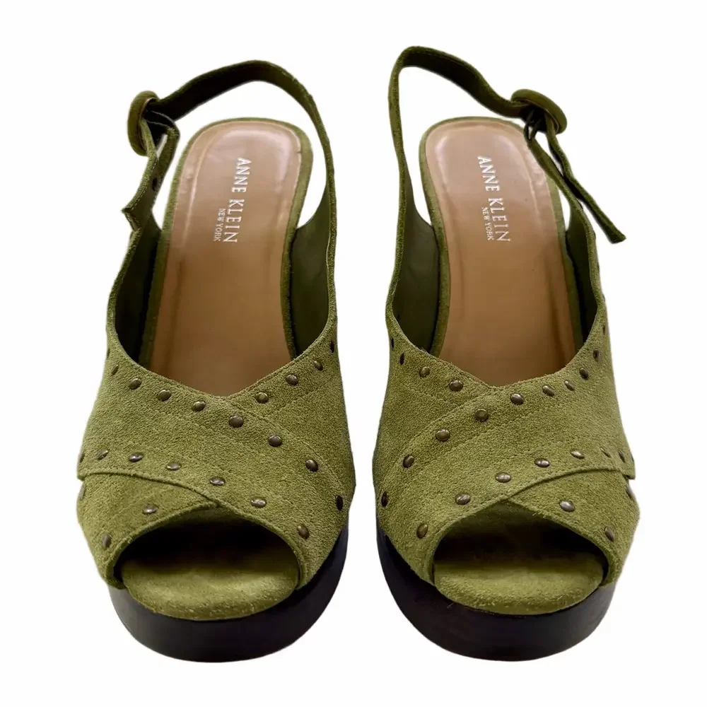 Vintage Anne Klein NY Suede Size 10 Olive Green Studded Wedge High Heel Sandals